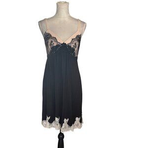 Womens Babydoll  Lace Overlay Slip Dress Black & Beige Chemise Nightgown Medium